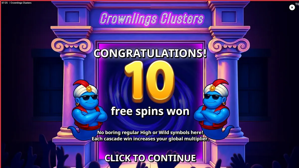 Interface vibrante e colorida do slot Crownlings Clusters com criaturas blobby e luzes neon.