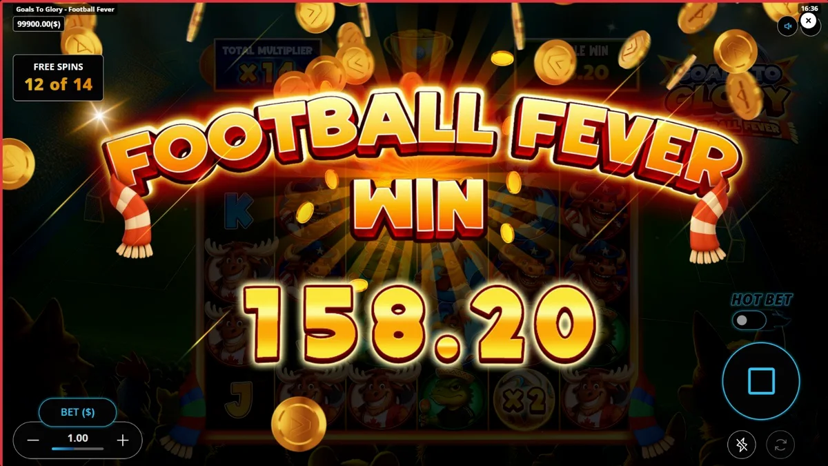 Visual vibrante e colorido do slot Goals to Glory Football Fever com tema de futebol e animais
