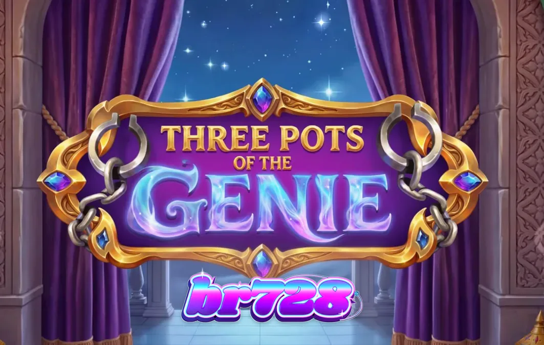 Cenário místico de Three Pots of the Genie com lâmpadas mágicas e potes de gemas brilhantes.